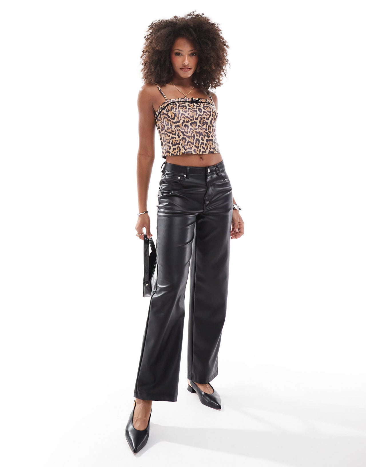 Miss Selfridge faux leather cami top with bow detail in leopard