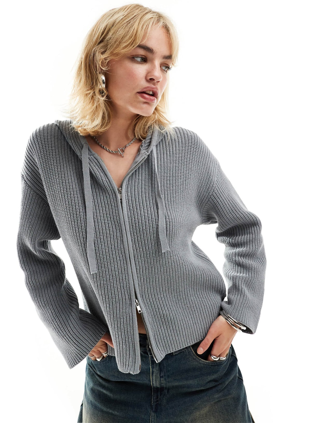 Monki knitted rib hoodie zip up cardigan in grey melange