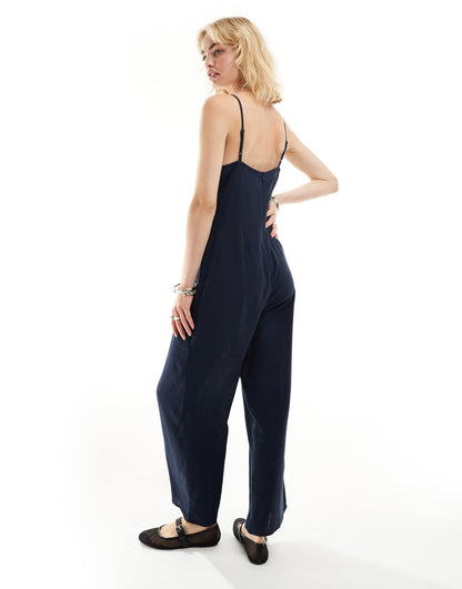 Monki wide leg jumpsuit with square neck in navy blue