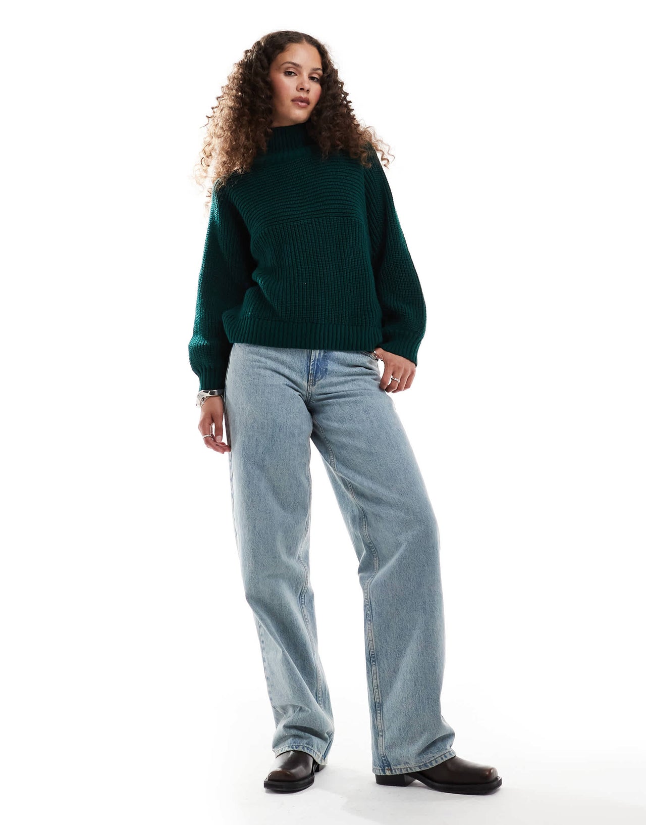 Monki Libby high neck knitted rib jumper in forest green