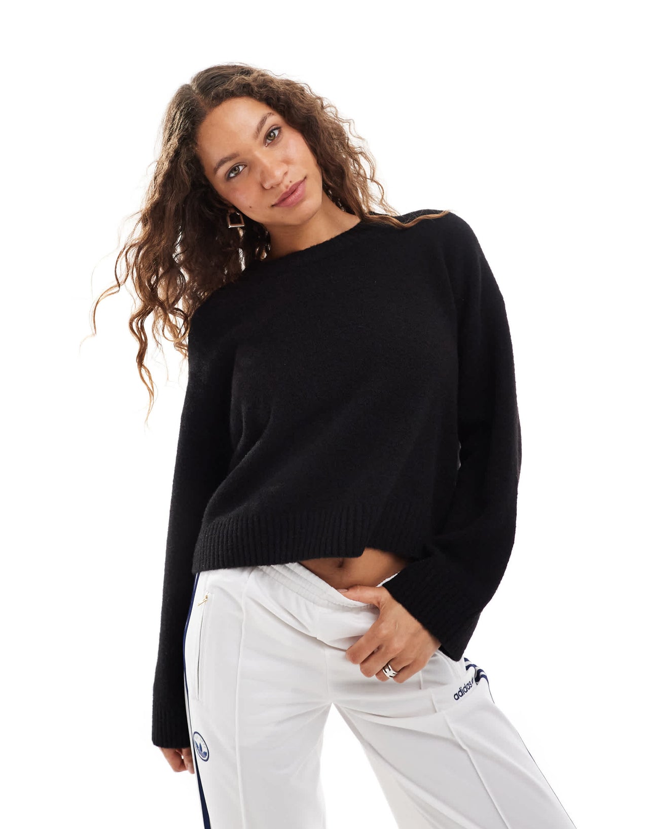 Monki round neck relaxed knitted sweater in black