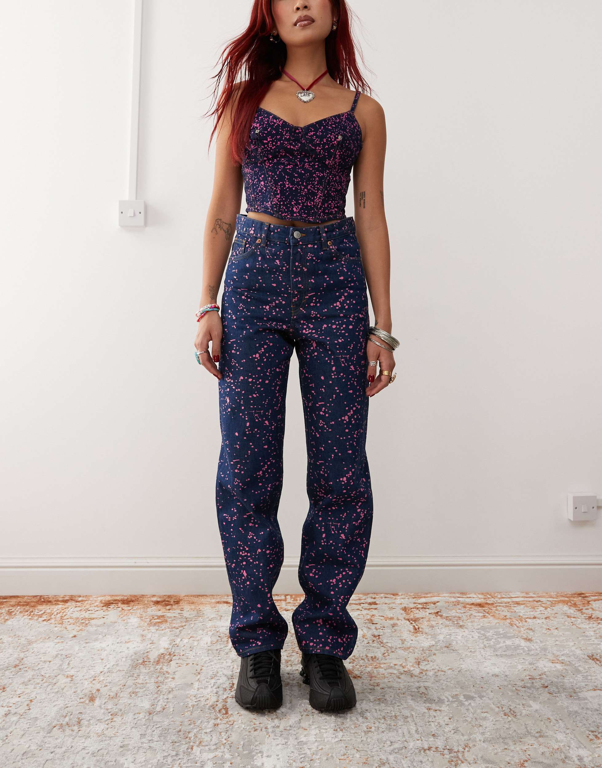Monki co-ord Aimo straight leg jeans in dark blue with pink paint splatter print