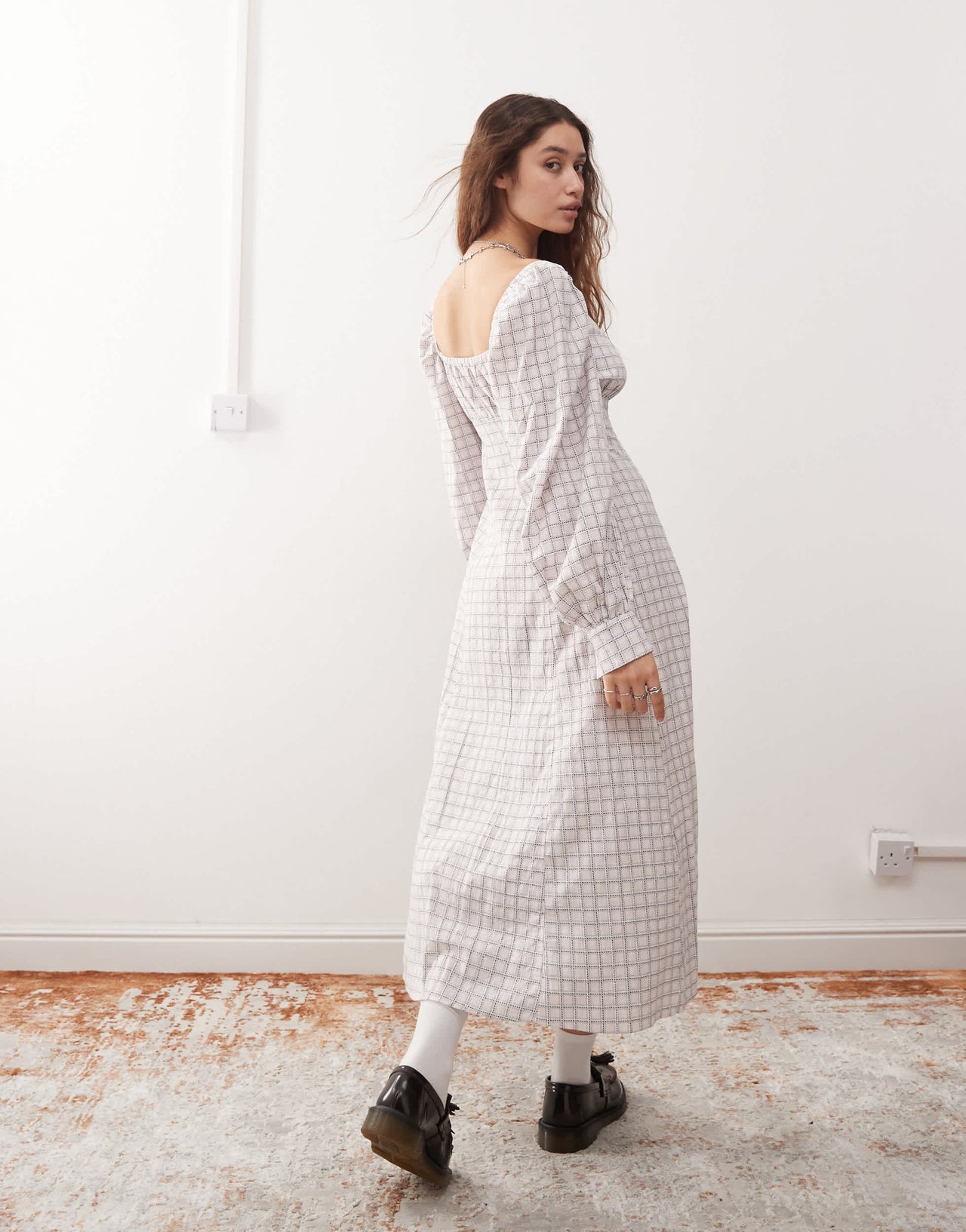 Monki long sleeve full length square neck dress in pink check