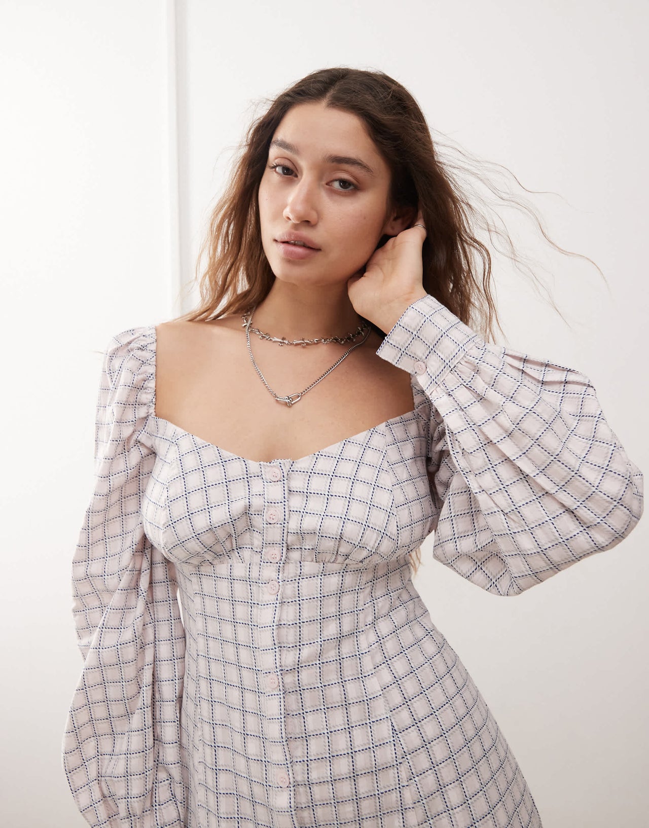 Monki long sleeve full length square neck dress in pink check