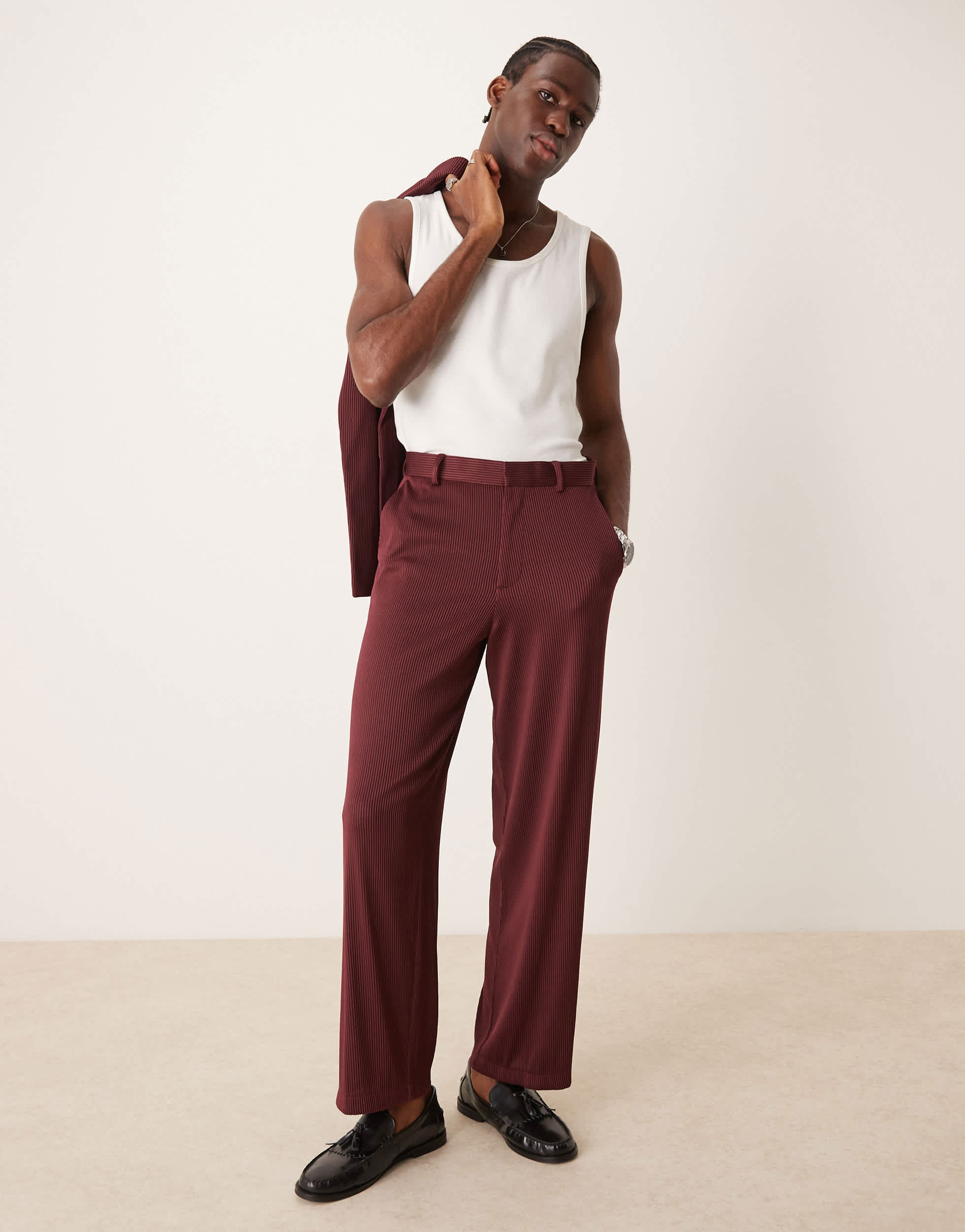 ASOS DESIGN wide leg suit trousers in burgundy ribbed fabric