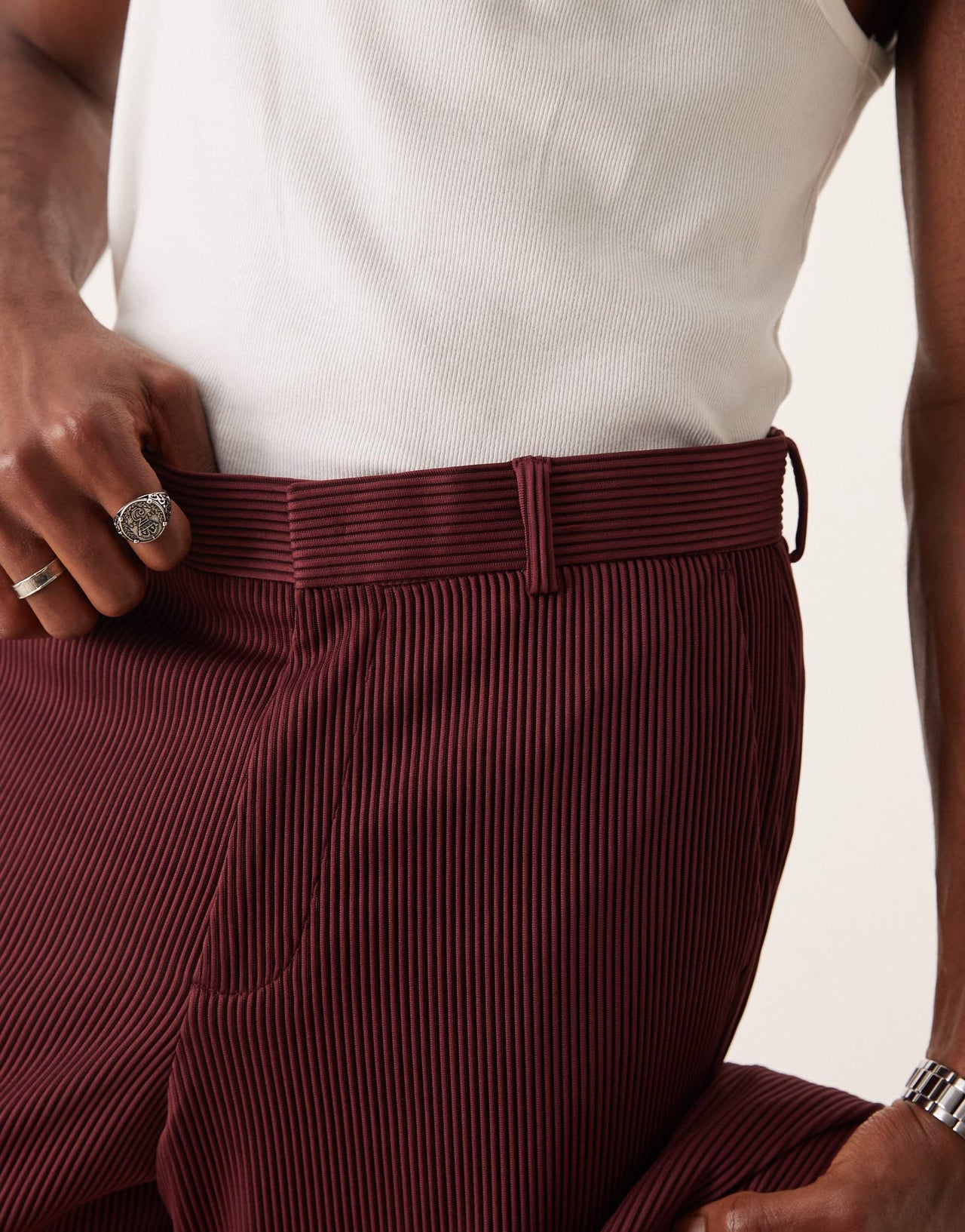 ASOS DESIGN wide leg suit trousers in burgundy ribbed fabric