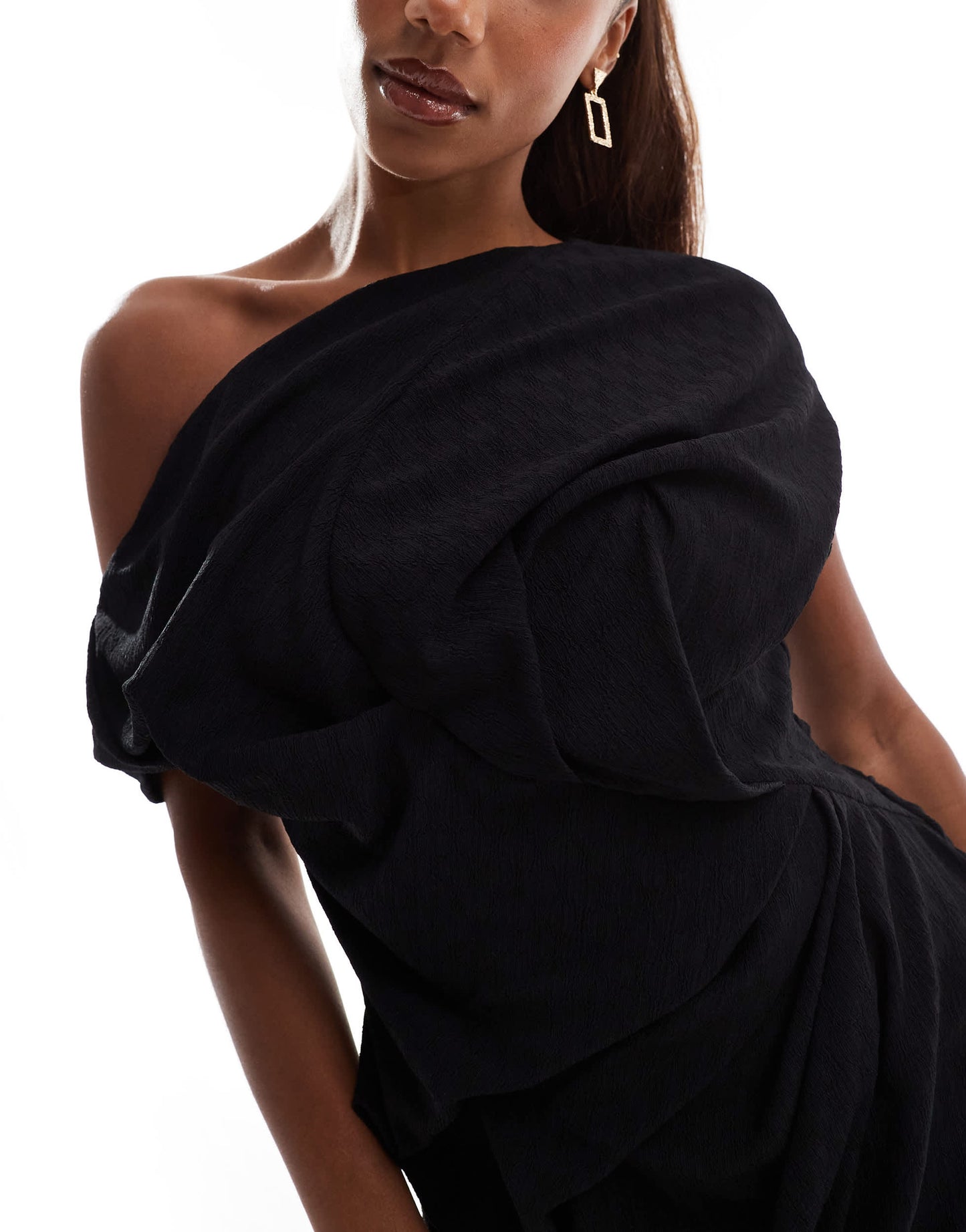 ASOS DESIGN Premium textured off shoulder dress with cut away side and train in black