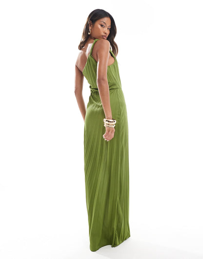 ASOS DESIGN twist one shoulder pleated maxi dress in olive