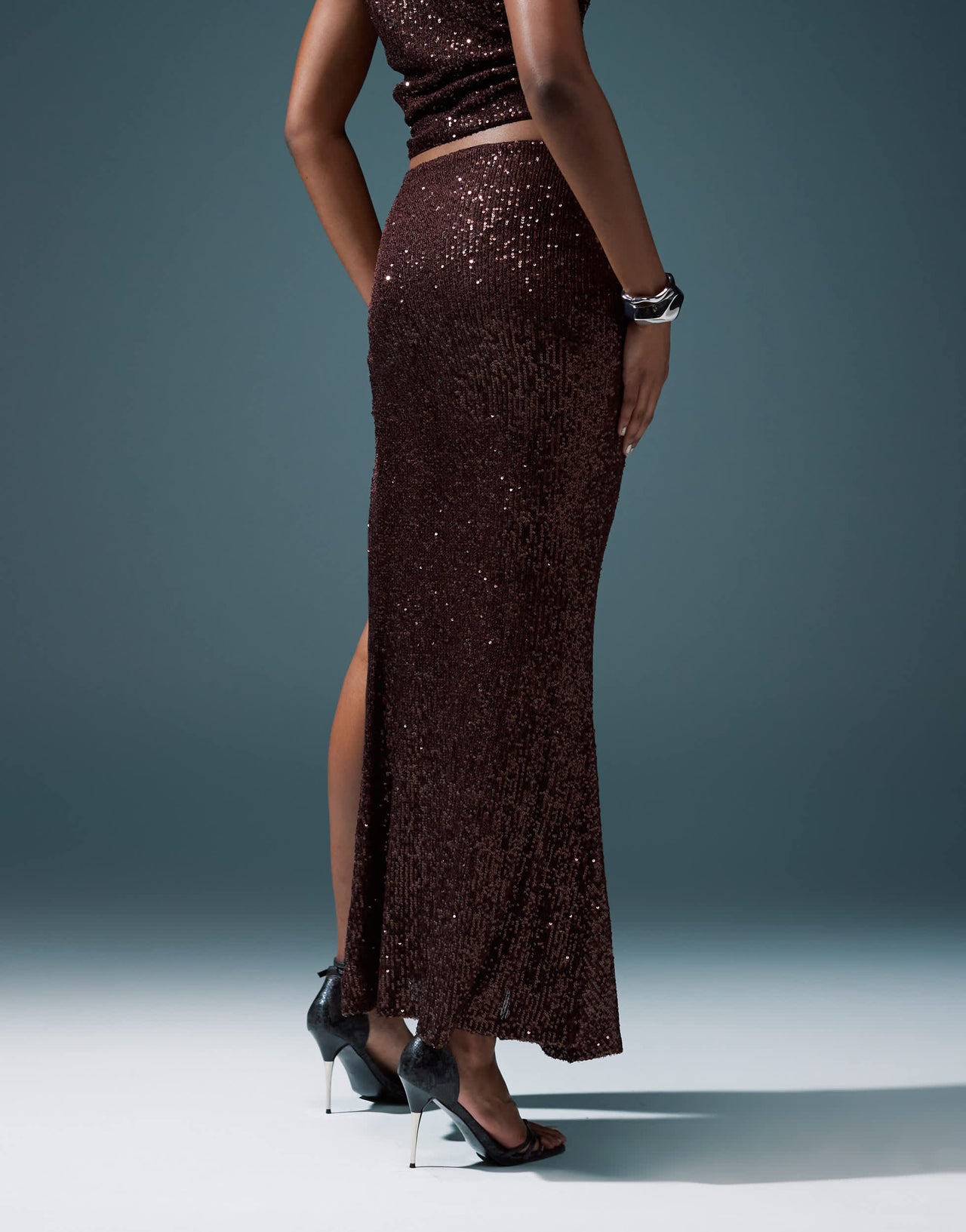 ASOS DESIGN co-ord sequin maxi skirt with split in chocolate
