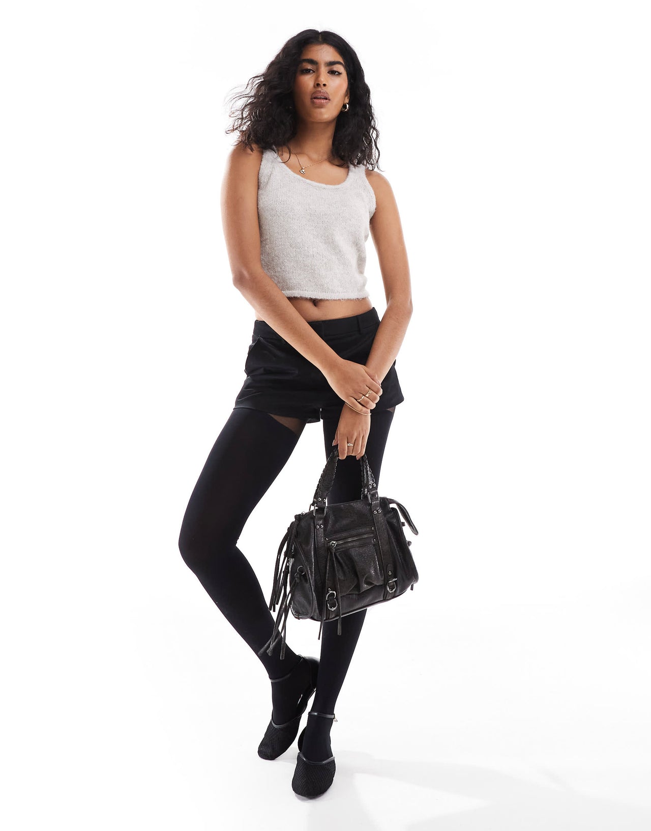 Pieces knitted tank top co-ord in dove grey