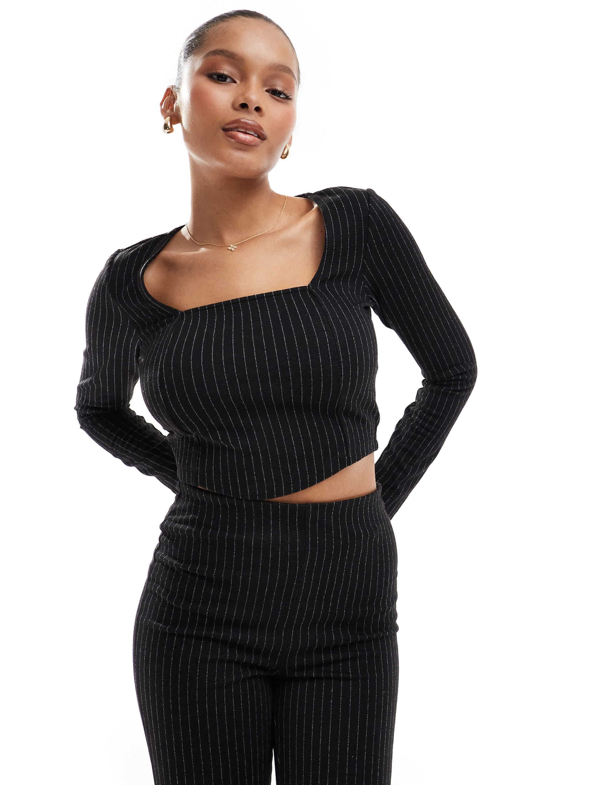 Pieces jersey long sleeved co-ord in black pinstripe