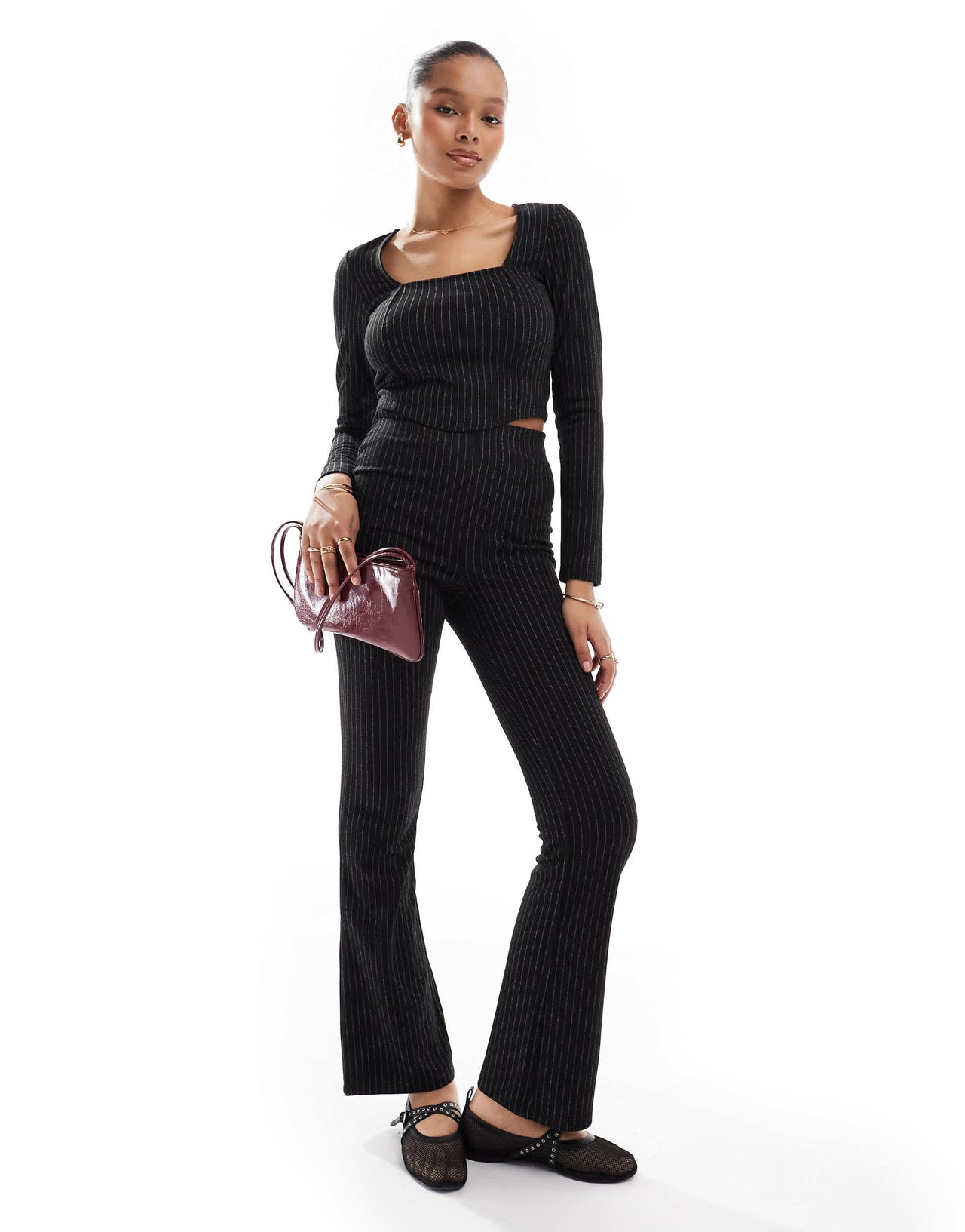 Pieces jersey long sleeved co-ord in black pinstripe