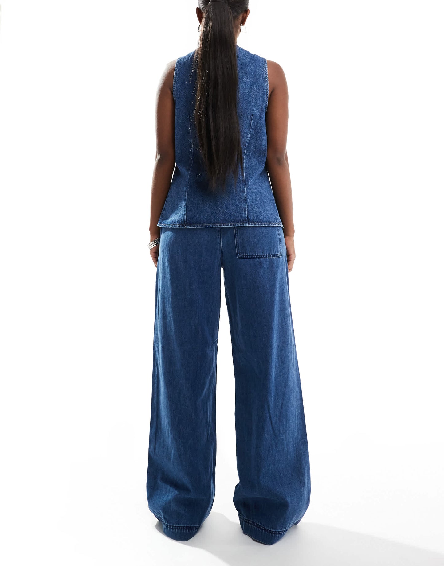 Pieces elasticated waist wide leg jeans in medium blue wash