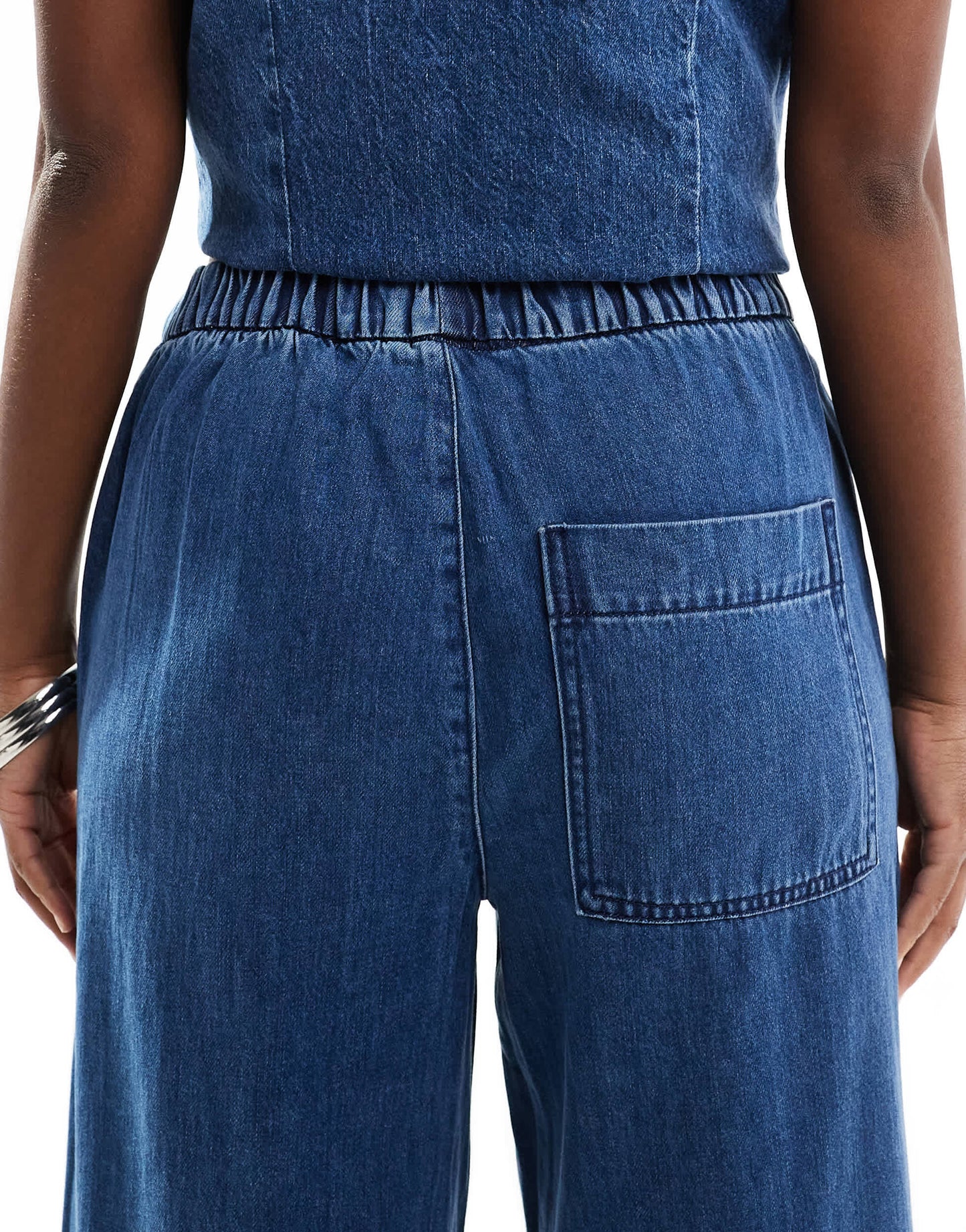 Pieces elasticated waist wide leg jeans in medium blue wash