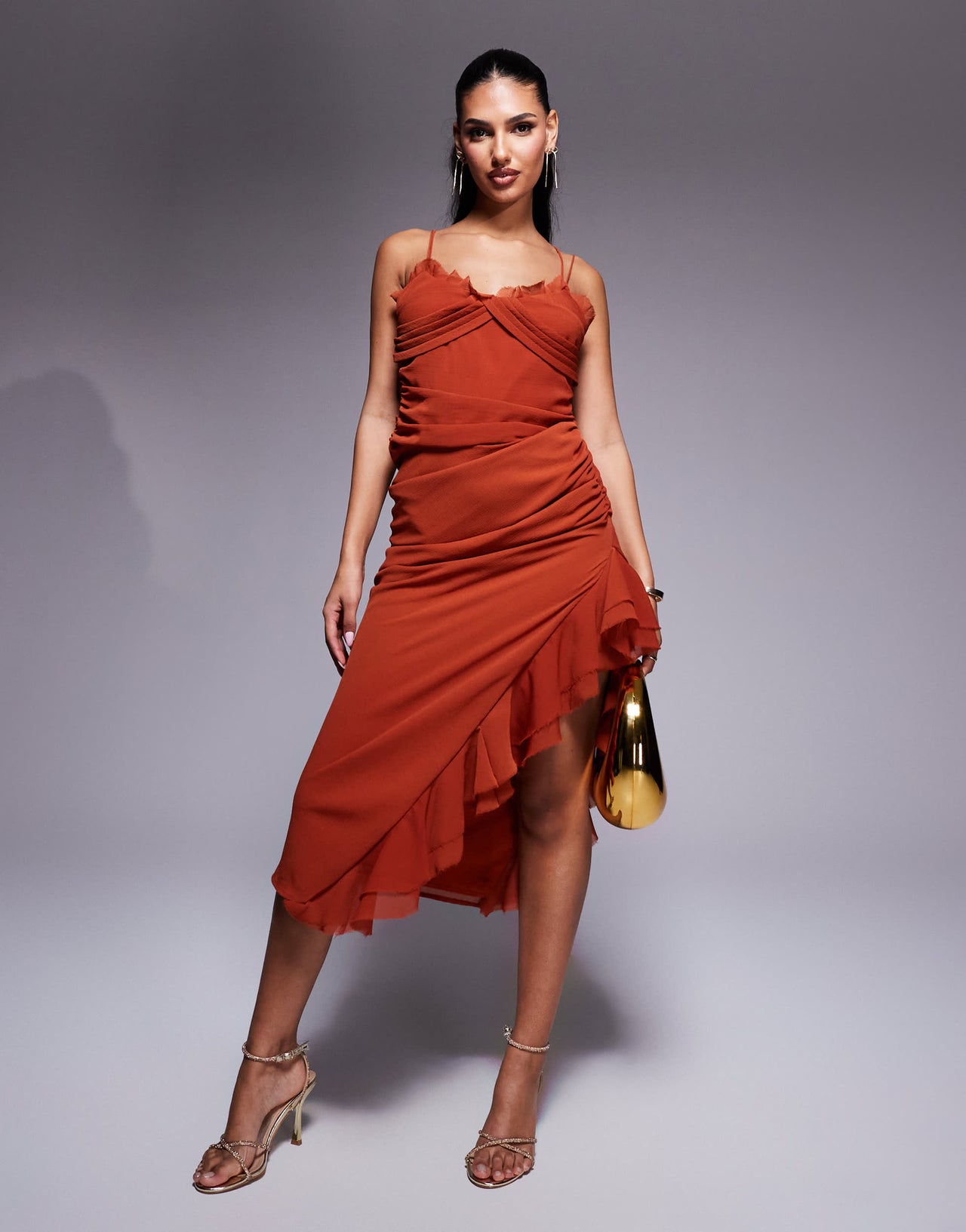 ASOS DESIGN draped crinkle maxi dress with ruffles and strappy details in rust