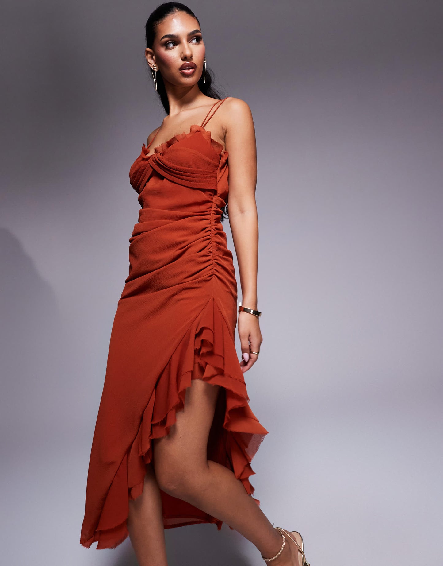 ASOS DESIGN draped crinkle maxi dress with ruffles and strappy details in rust