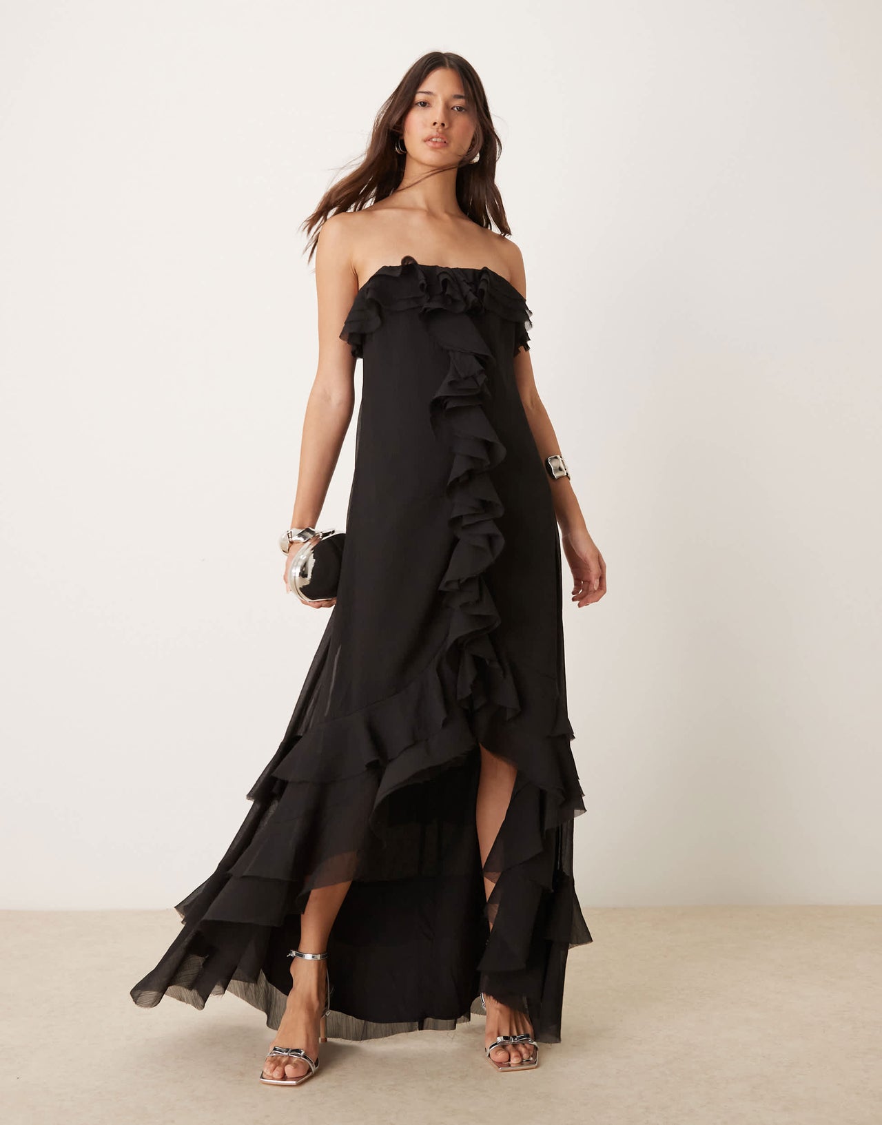 ASOS DESIGN bardot ruffle off shoulder maxi dress in black