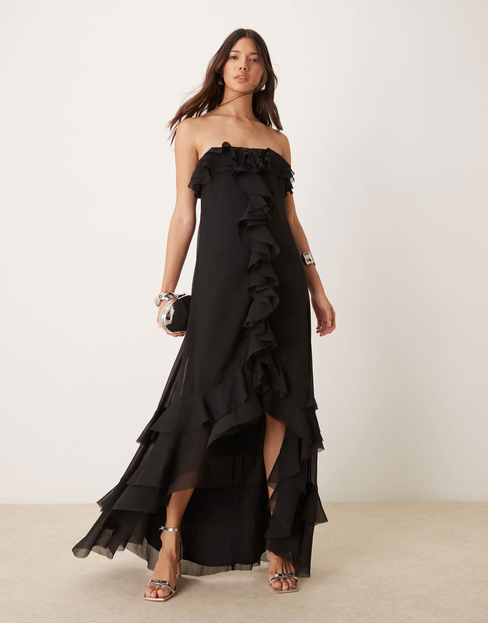 ASOS DESIGN bardot ruffle off shoulder maxi dress in black