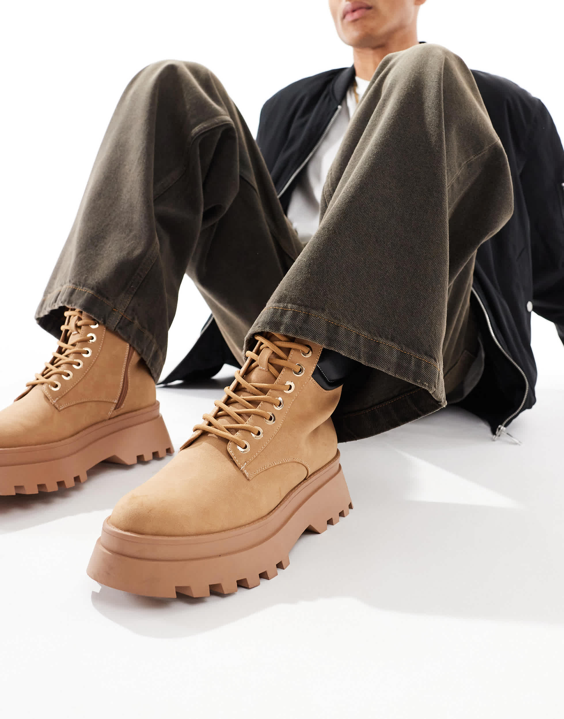 ASOS DESIGN lace up worker boots in camel with chunky sole