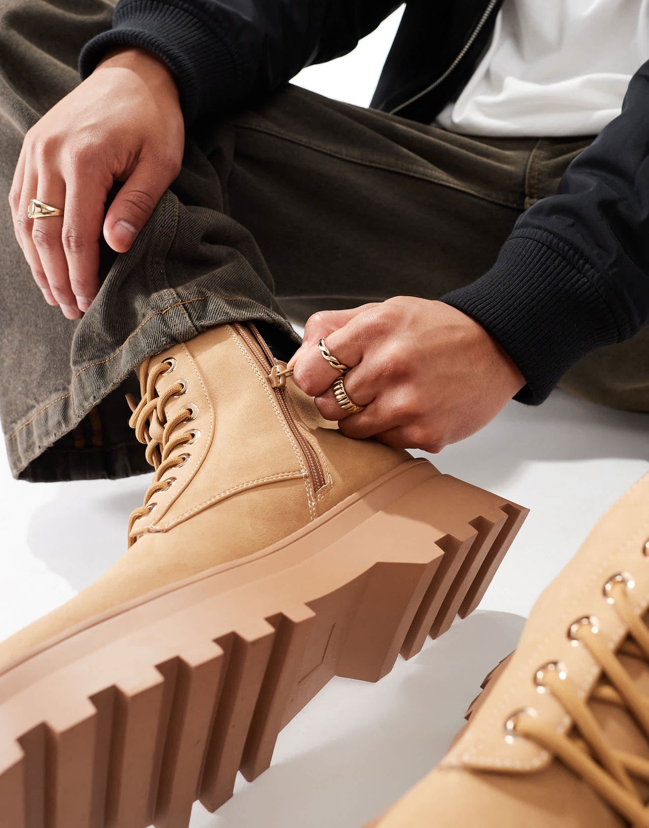 ASOS DESIGN lace up worker boots in camel with chunky sole