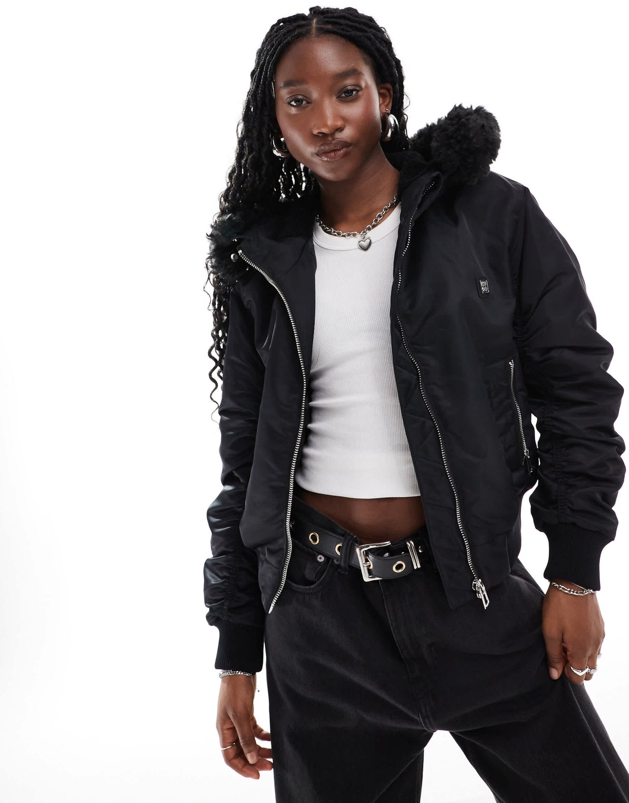 HUGO Red falora hooded bomber jacket in black with zip hood