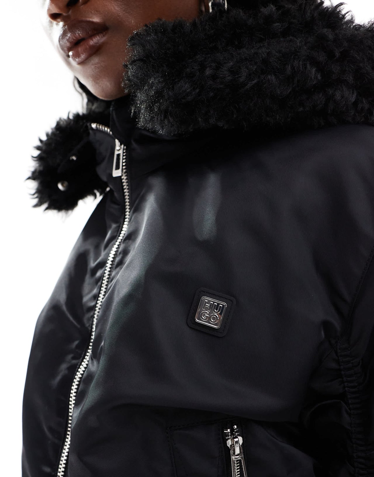 HUGO Red falora hooded bomber jacket in black with zip hood