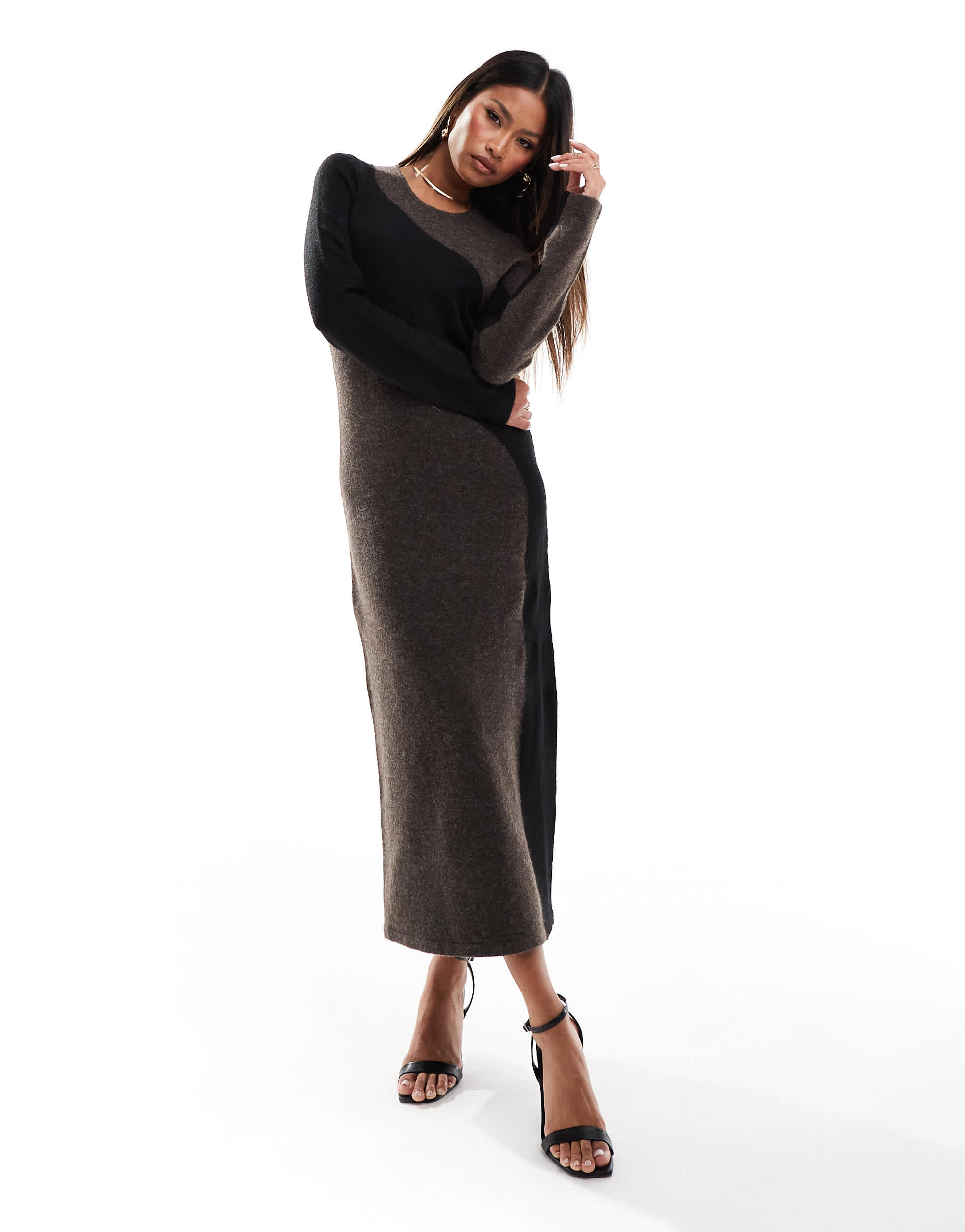 Style Cheat knitted colour block midi dress in brown