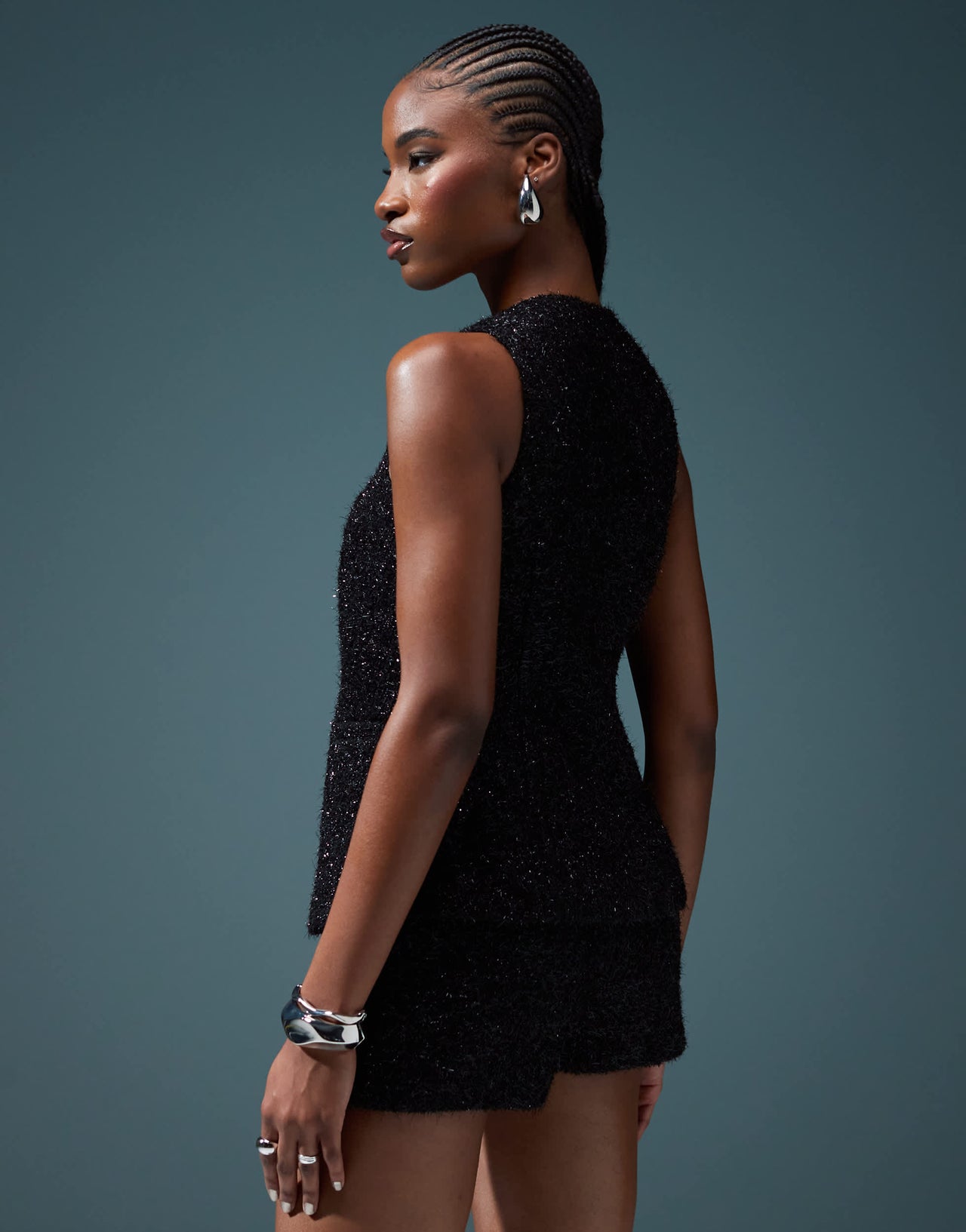 ASOS DESIGN sparkle boucle high neck waistcoat co-ord in black - BLACK