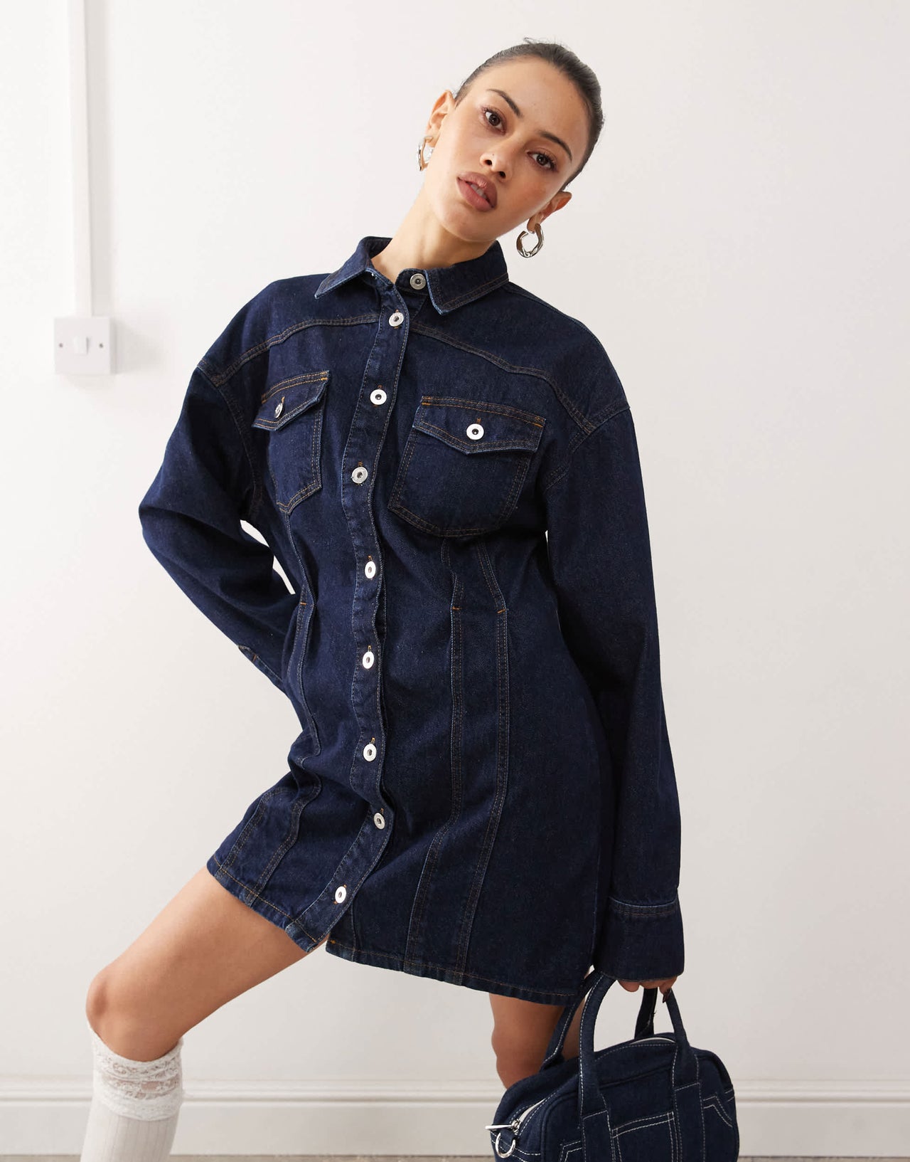 COLLUSION denim mini shirt dress in rinse wash