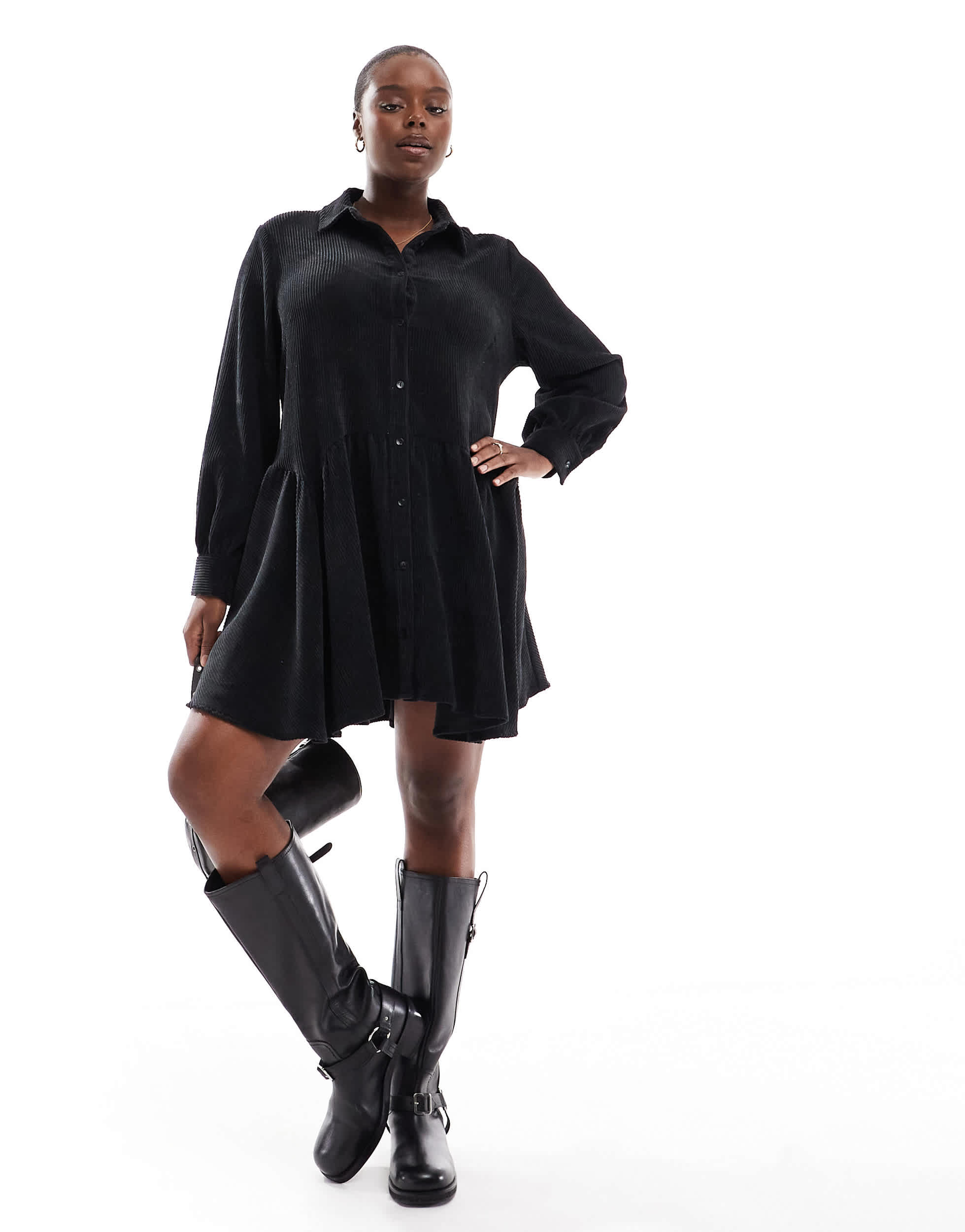 ASOS DESIGN Curve cord smock mini dress with peplum hem in black