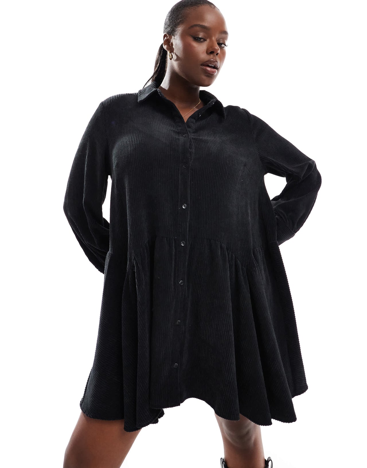 ASOS DESIGN Curve cord smock mini dress with peplum hem in black