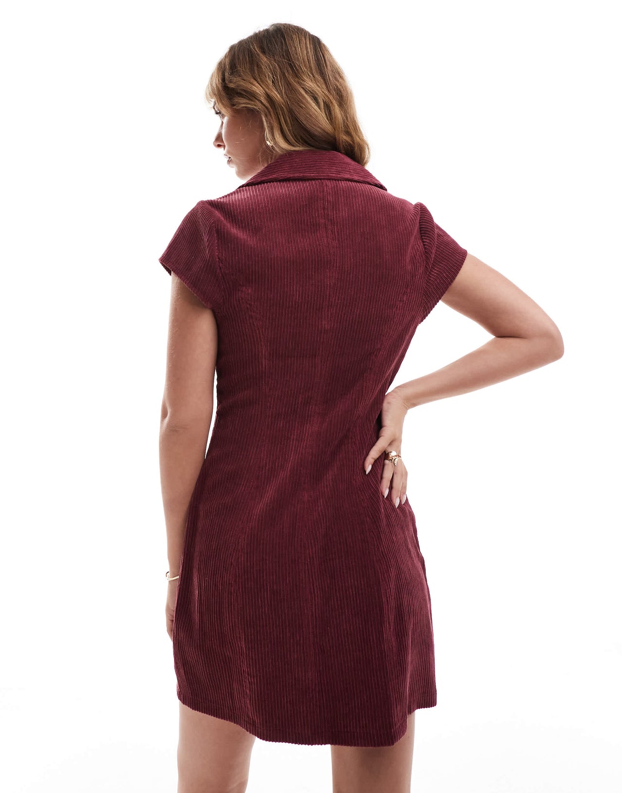 ASOS DESIGN cap sleeve cord zip through mini dress in burgundy