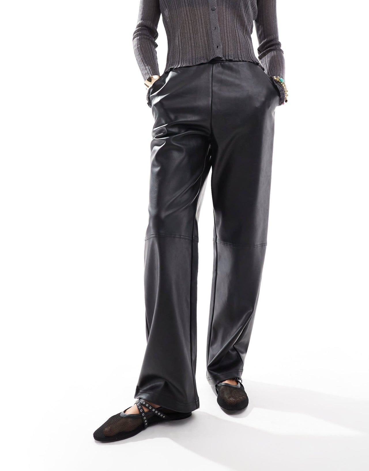 4th & Reckless leather look straight leg pull on trousers in black