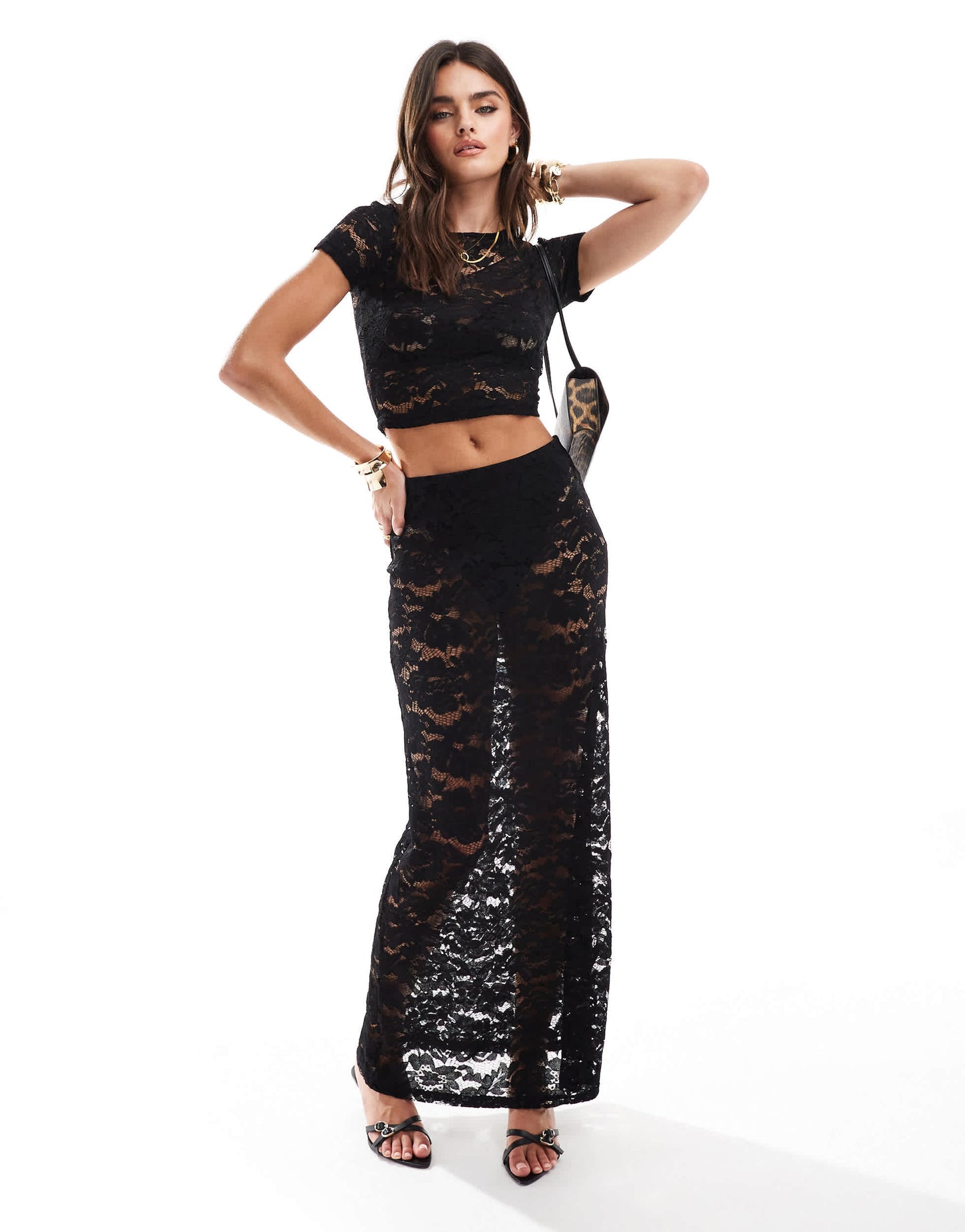4th & Reckless short sleeve lace crop top co-ord in black