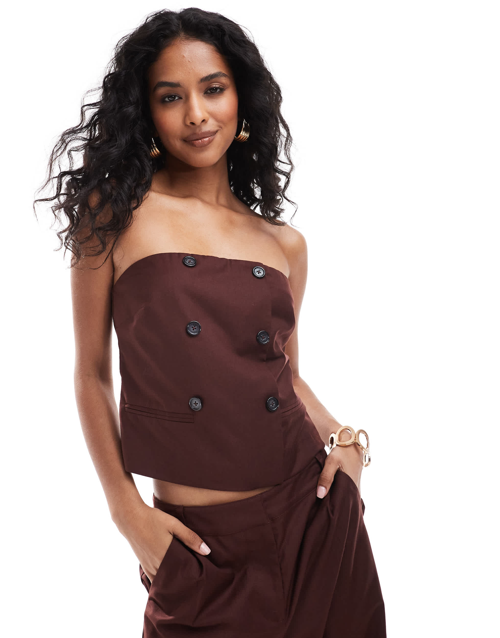 4th & Reckless tailored contrast button bandeau top co-ord in burgundy