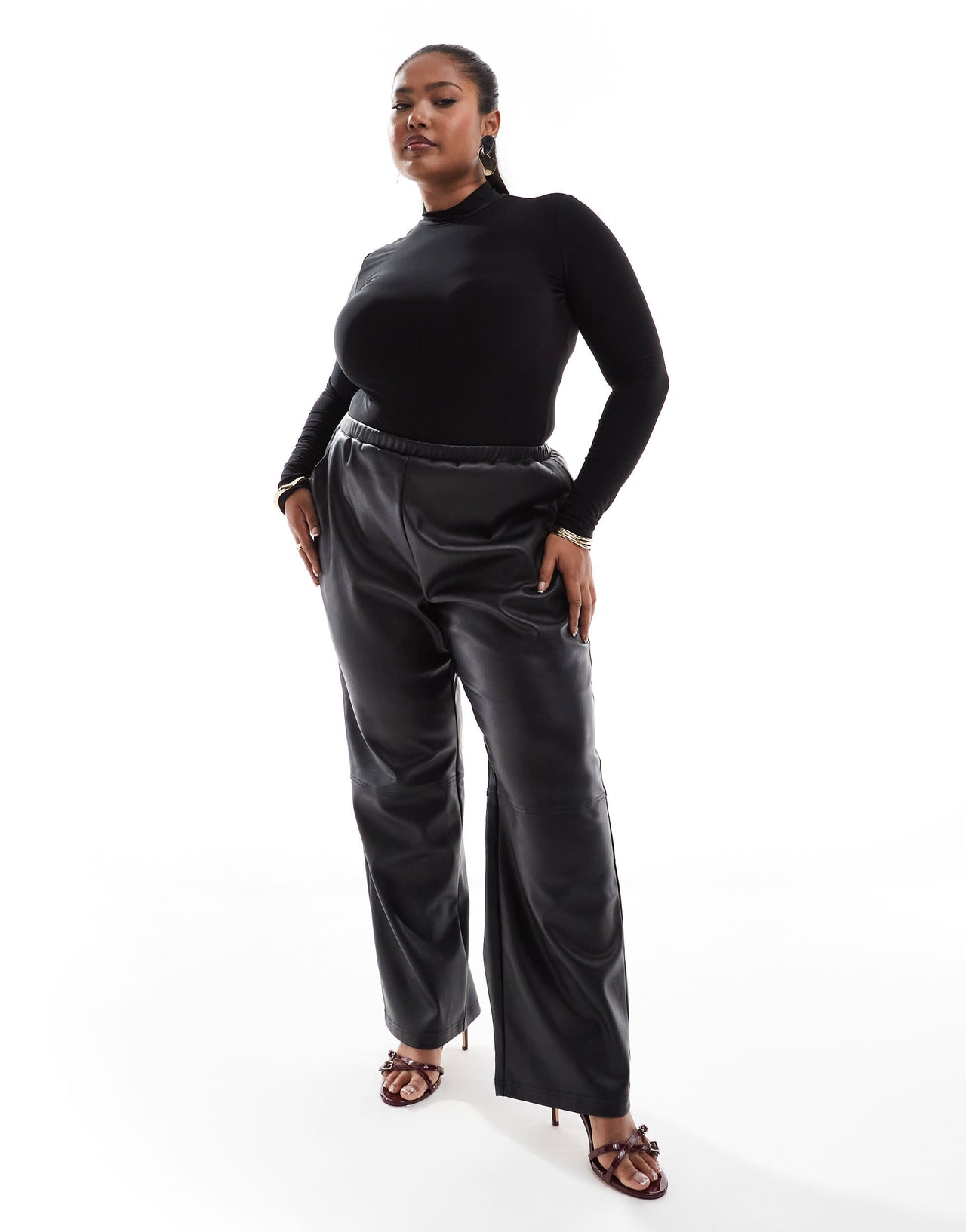 4th & Reckless Plus leather look straight leg pull on trousers in black