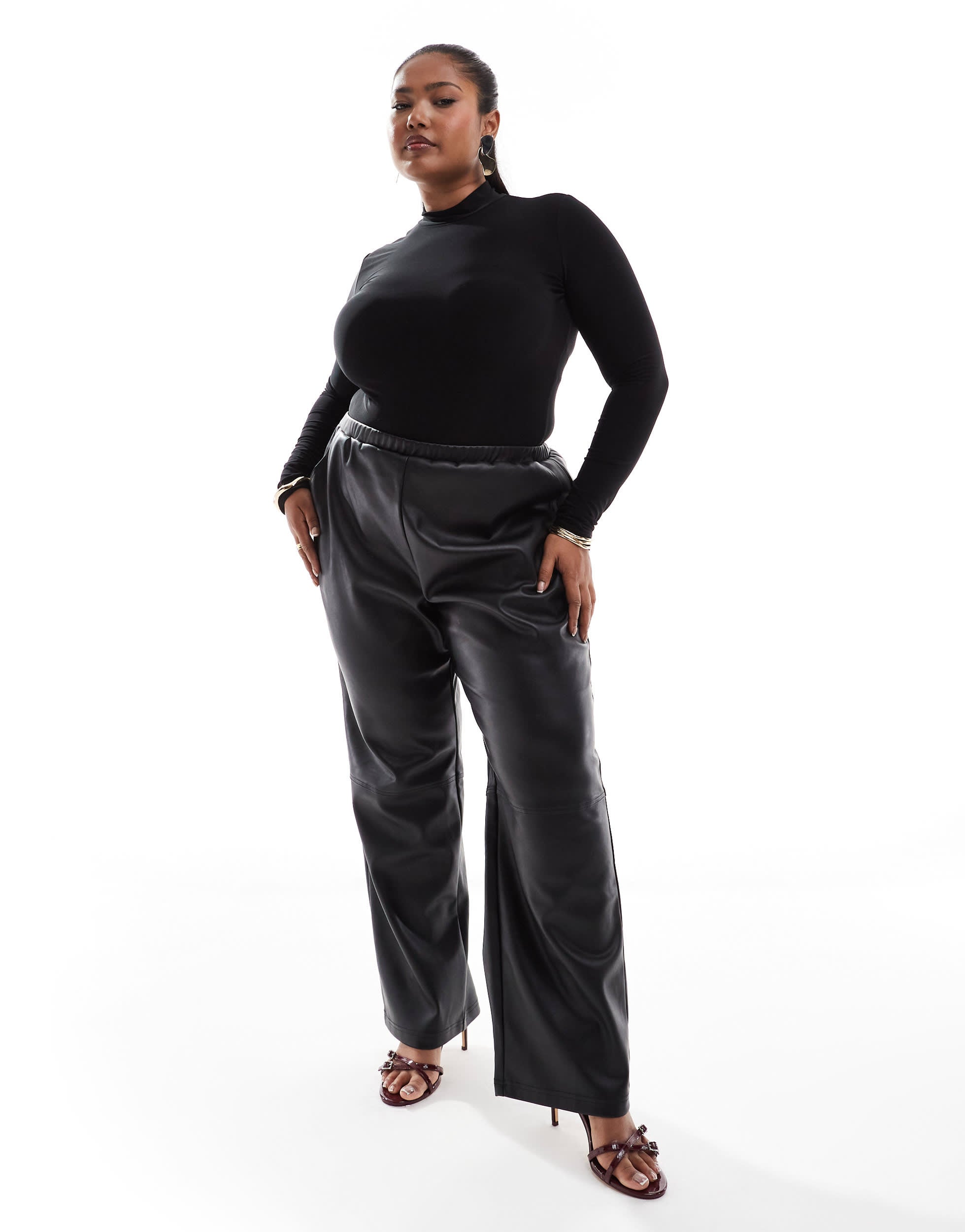 4th & Reckless Plus leather look straight leg pull on trousers in black