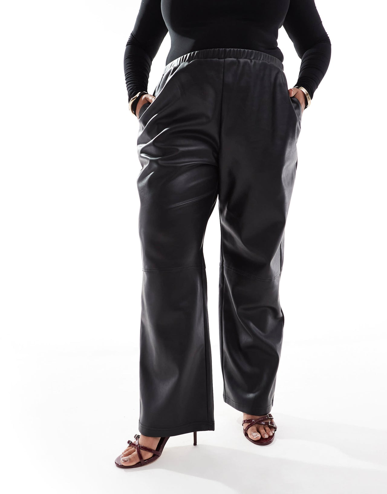 4th & Reckless Plus leather look straight leg pull on trousers in black