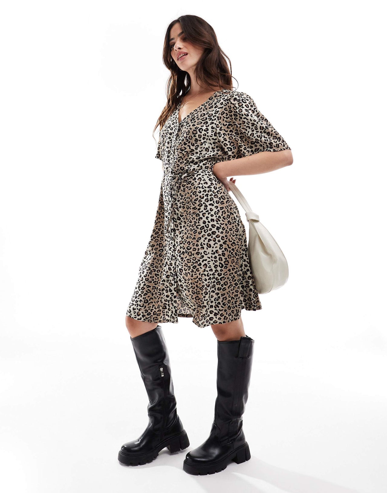 Vila buttondown tie waist midi dress in leopard print