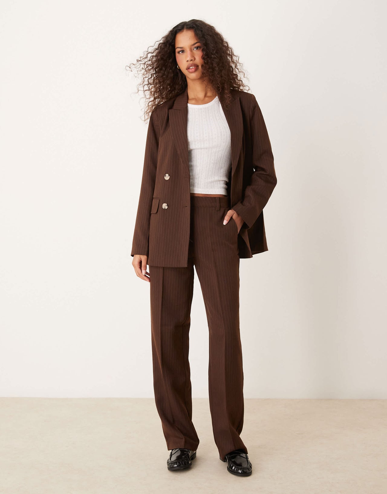 Vila mix and match tailored wide leg trouser in brown pin stripe