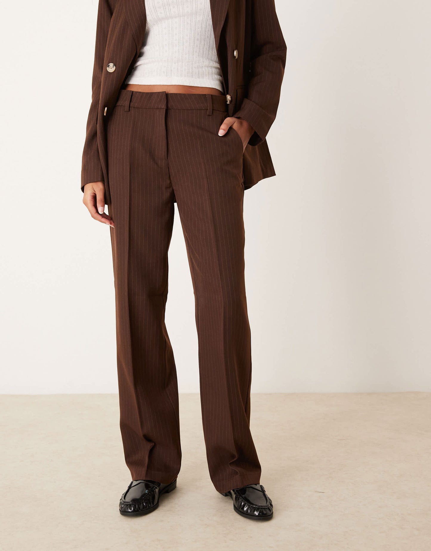 Vila mix and match tailored wide leg trouser in brown pin stripe