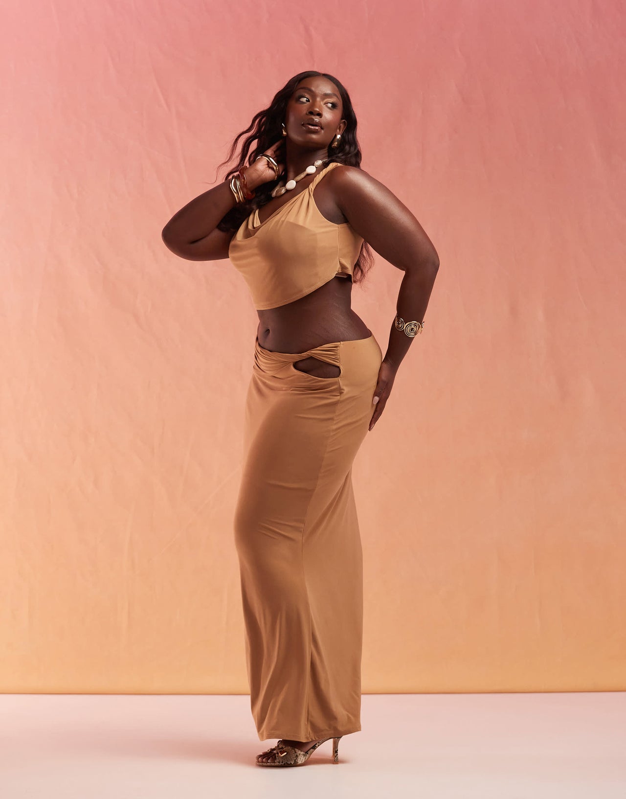 ASOS DESIGN Curve co-ord slinky cut out hip maxi skirt in sand