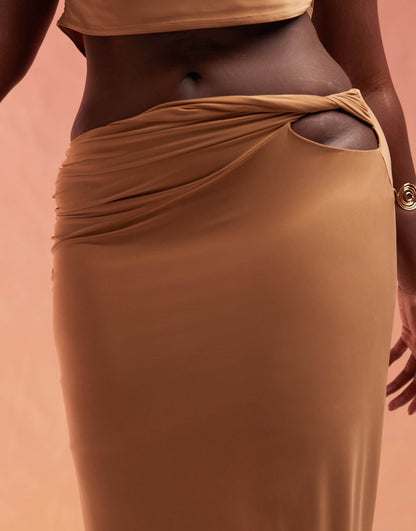 ASOS DESIGN Curve co-ord slinky cut out hip maxi skirt in sand