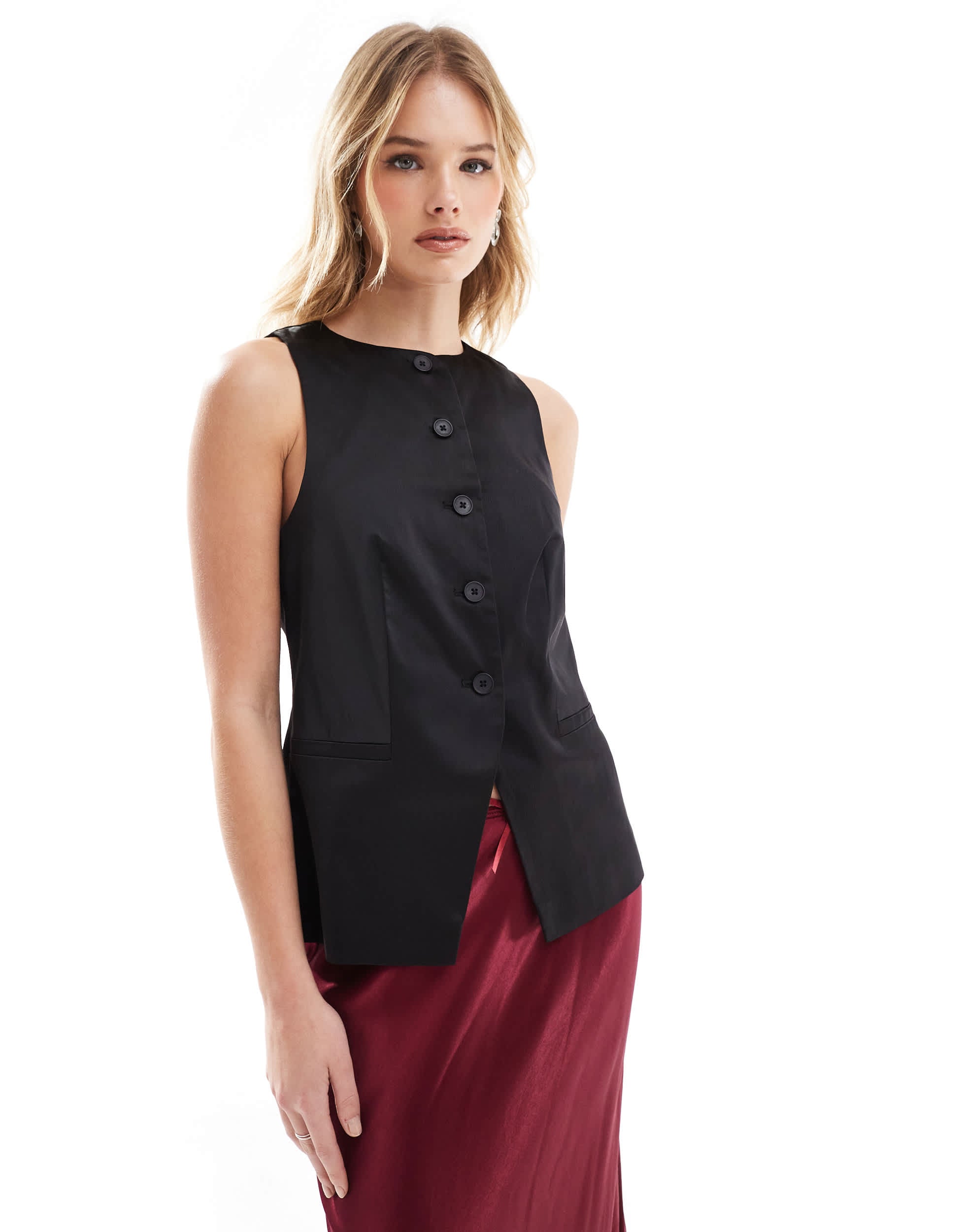 ASOS DESIGN satin high neck waistcoat in black