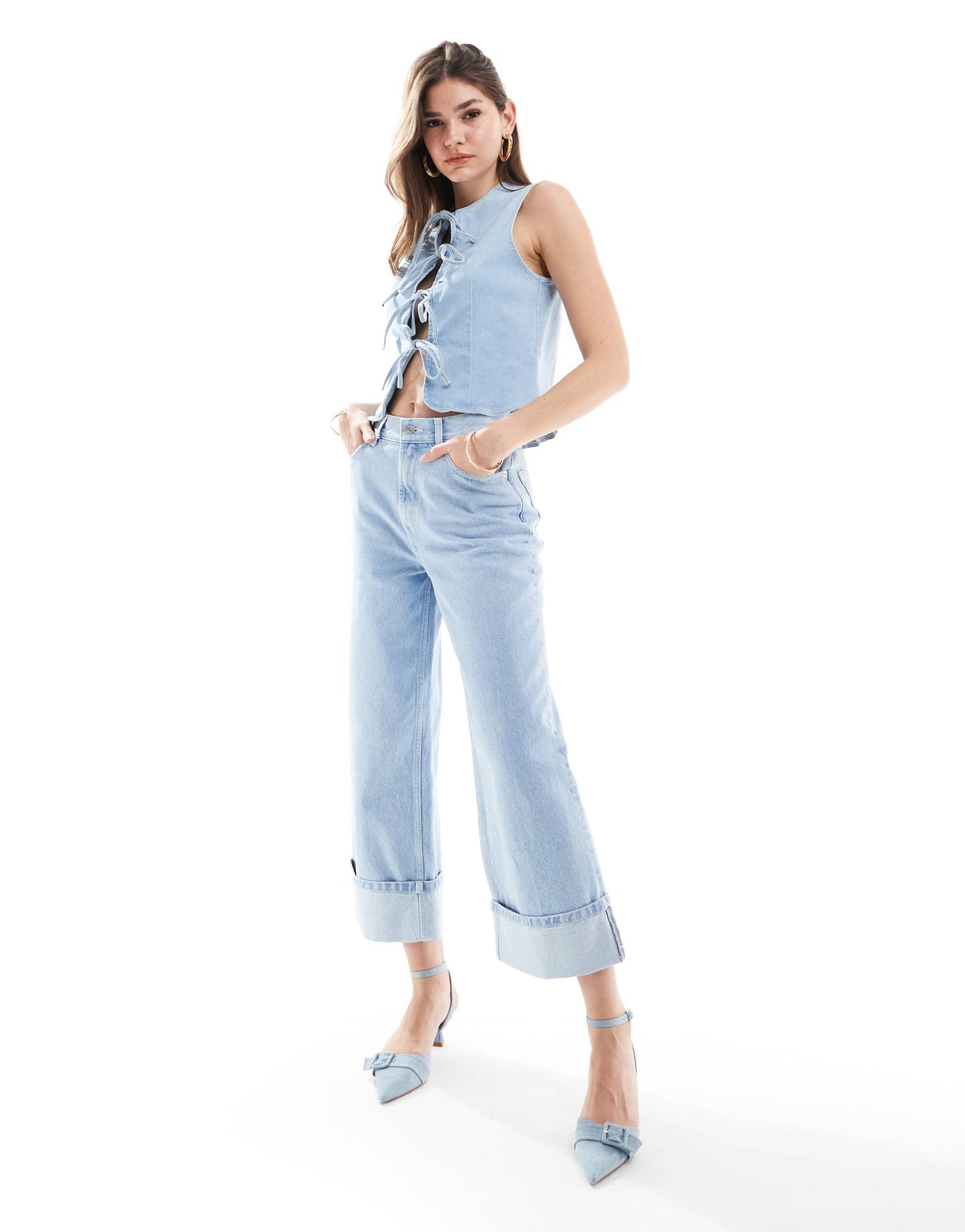 ASOS DESIGN denim tie front top in bleach