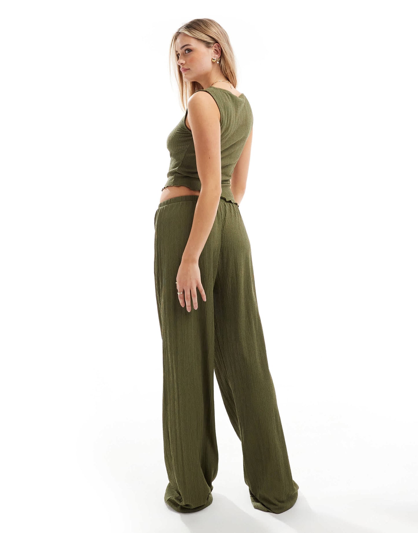 ASOS DESIGN textured wide leg trousers co ord in khaki