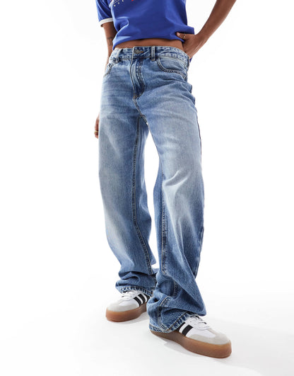 Stradivarius Teen STR straight leg jean in medium wash blue