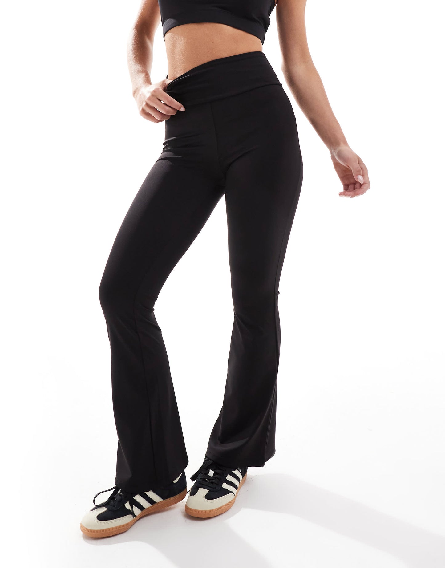 Stradivarius Petite jersey sculpt flare legging in black