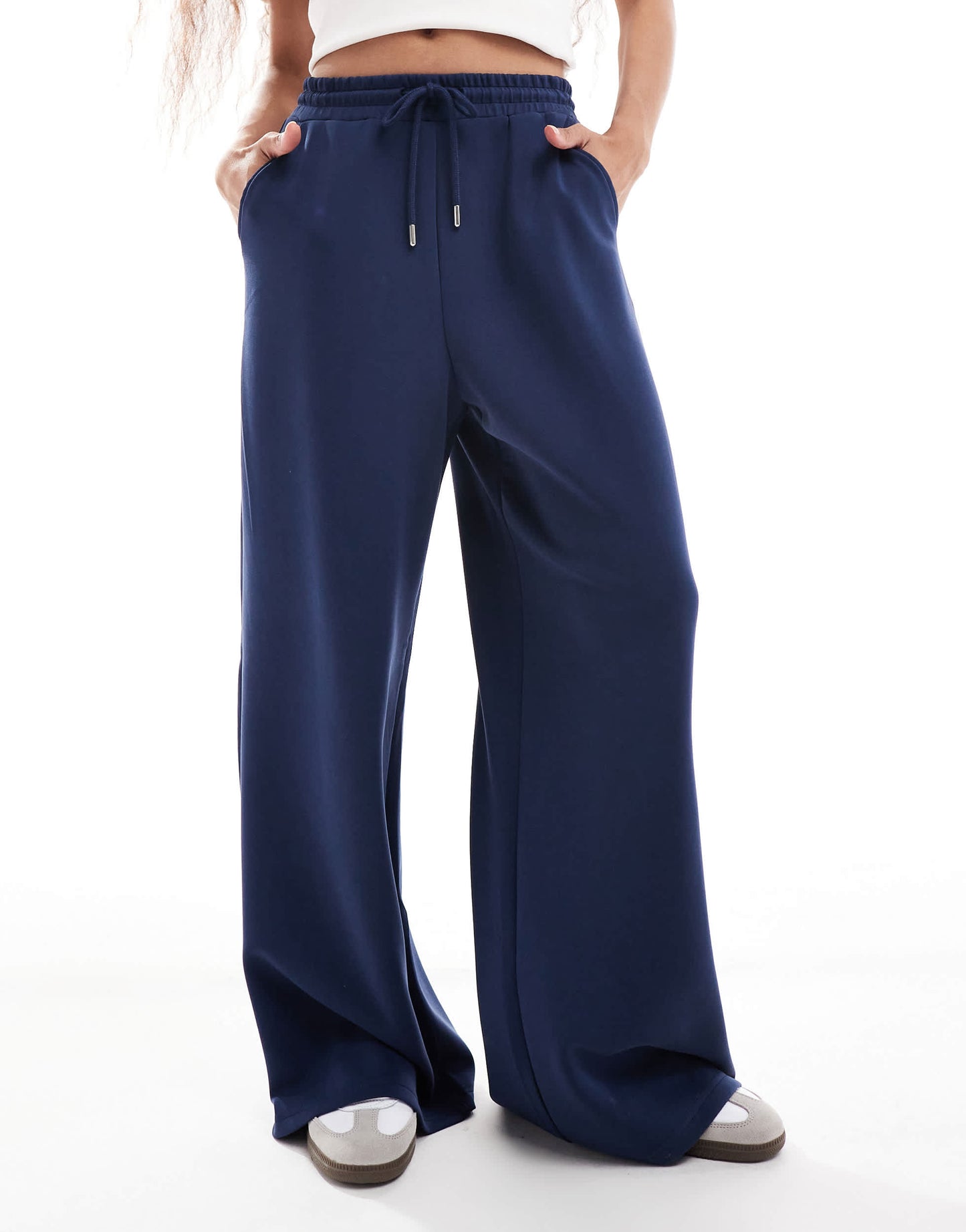 Stradivarius Petite soft touch wide leg jogger in navy