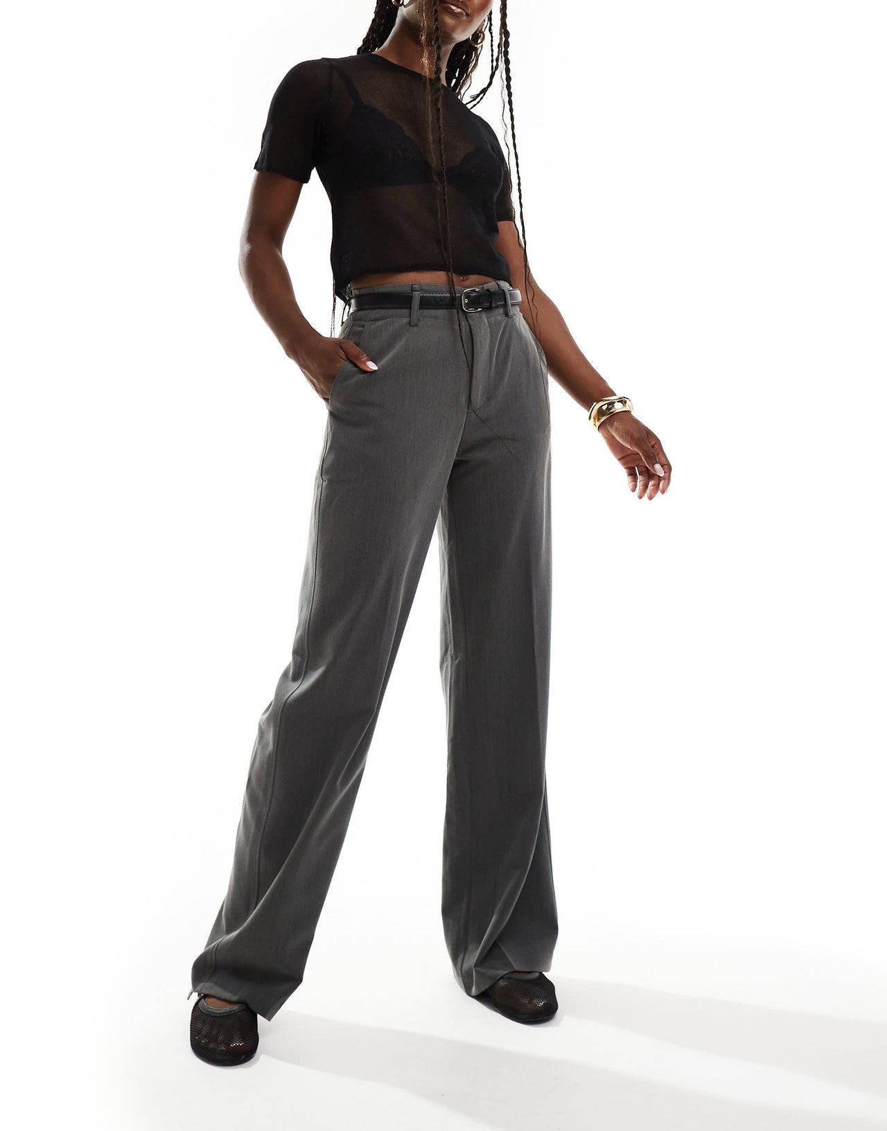 Stradivarius belted tailored trouser in grey